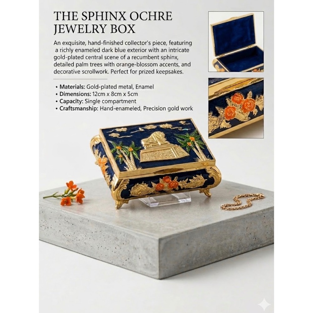 Lion of Babylon Iraq Sphinx Ochre Jewelry Box Enameled Gold Plated Trinket Case